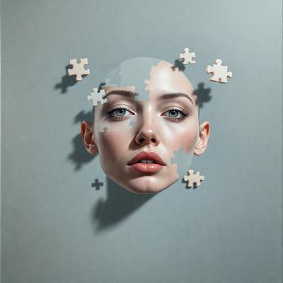 The primary subject of the image is a woman's face, which is the main focus of the image. The setting is a gray wall, and the visual style is a digital art or illustration. The colors in the image are predominantly gray, creating a somewhat neutral and subdued atmosphere.